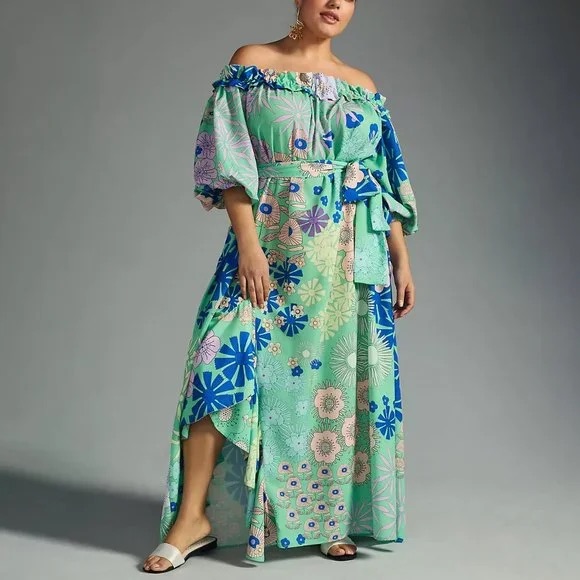 Nwt Anthropologie Off The Shoulder Printed Maxi Dress